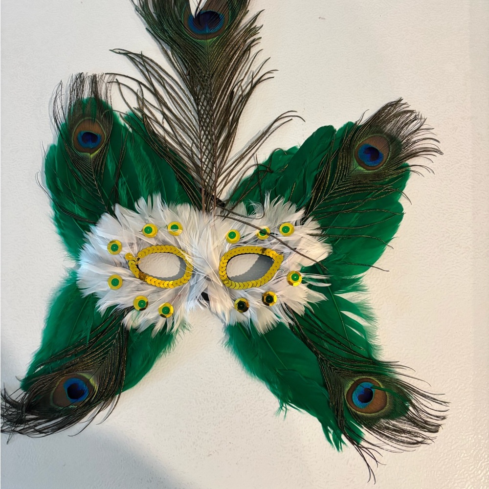 Peacock Feather Mask with Green and White Accents